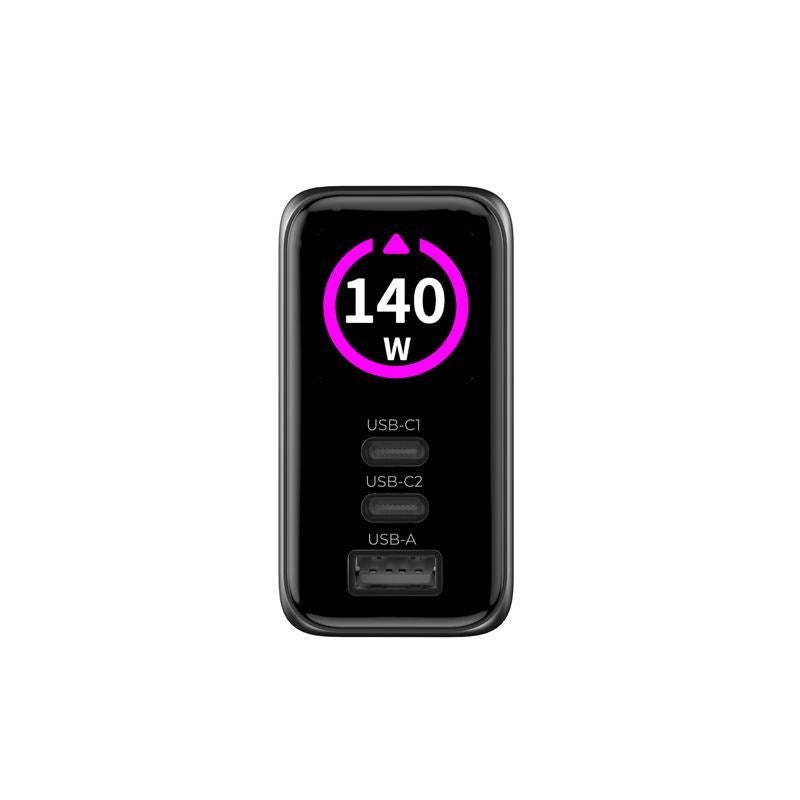 Mobile Origin PW21 Display Vægoplader GaN 140W med 2x USB-C + 1x USB-A - Sort