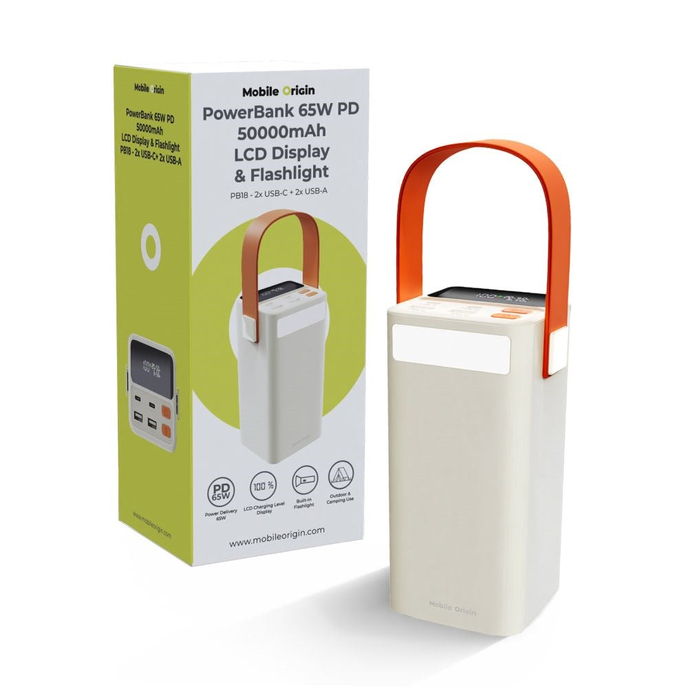 Mobile Origin Powerbank til Udendørsbrug - 50.000mAh - 65W - 2 x USB-C - 2 x USB-A - Lommelygte - Hvid