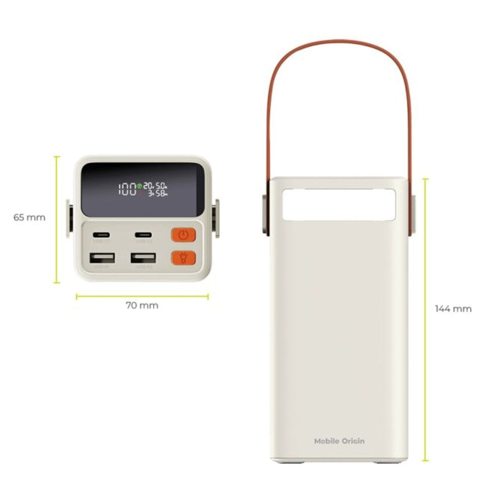 Mobile Origin Powerbank til Udendørsbrug - 50.000mAh - 65W - 2 x USB-C - 2 x USB-A - Lommelygte - Hvid