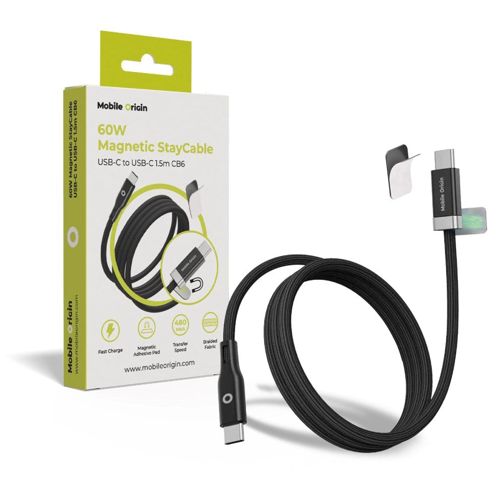 Mobile Origin Magnetisk USB-C til USB-C Kabel 60W m. 2x Selvklæbende Magnetiske Puder - 1,5m - Sort