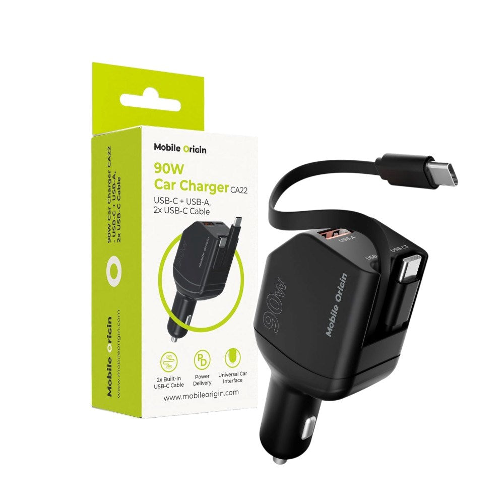 Mobile Origin 4-i-1 Biloplader 90W med USB-C + USB-A og 2x Indbygget USB-C Kabel - Sort