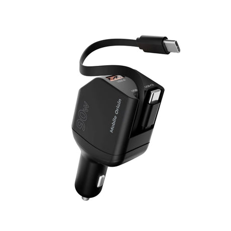 Mobile Origin 4-i-1 Biloplader 90W med USB-C + USB-A og 2x Indbygget USB-C Kabel - Sort