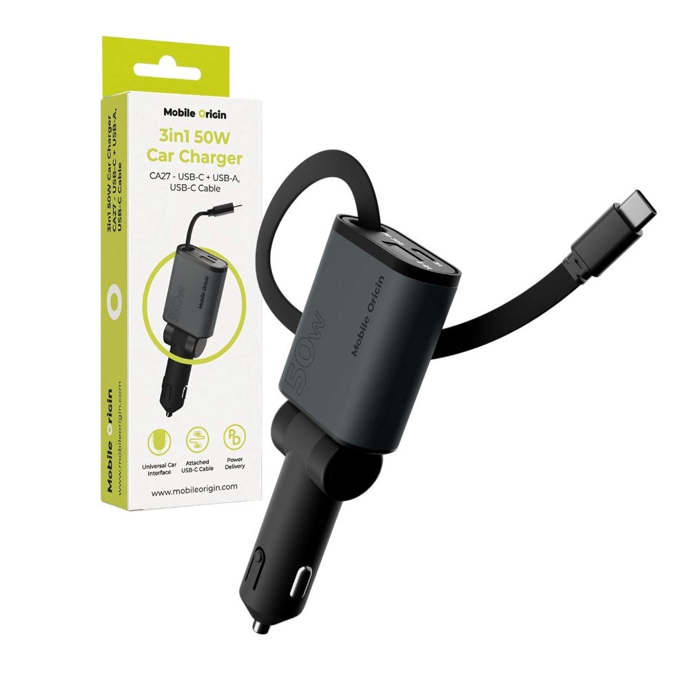 Mobile Origin 3-i-1 Biloplader 50W med USB-C + USB-A og Indbygget USB-C kabel - Grå