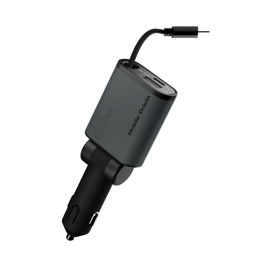 Mobile Origin 3-i-1 Biloplader 50W med USB-C + USB-A og Indbygget USB-C kabel - Grå