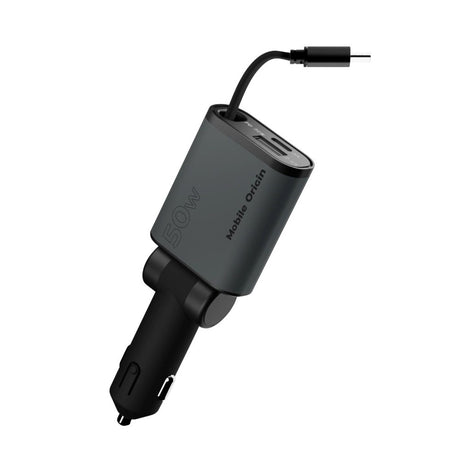 Mobile Origin 3-i-1 Biloplader 50W med USB-C + USB-A og Indbygget USB-C kabel - Grå