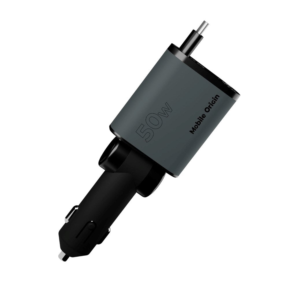 Mobile Origin 3-i-1 Biloplader 50W med USB-C + USB-A og Indbygget USB-C kabel - Grå