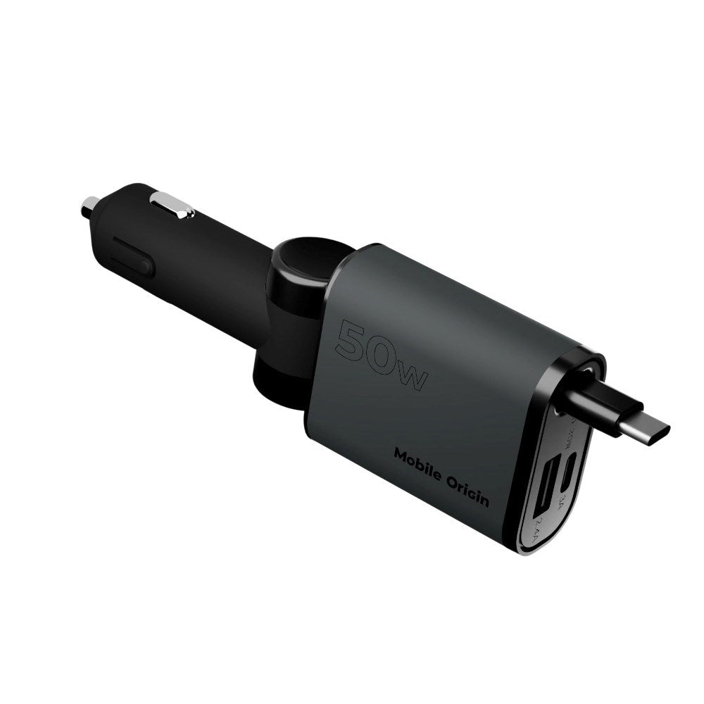 Mobile Origin 3-i-1 Biloplader 50W med USB-C + USB-A og Indbygget USB-C kabel - Grå