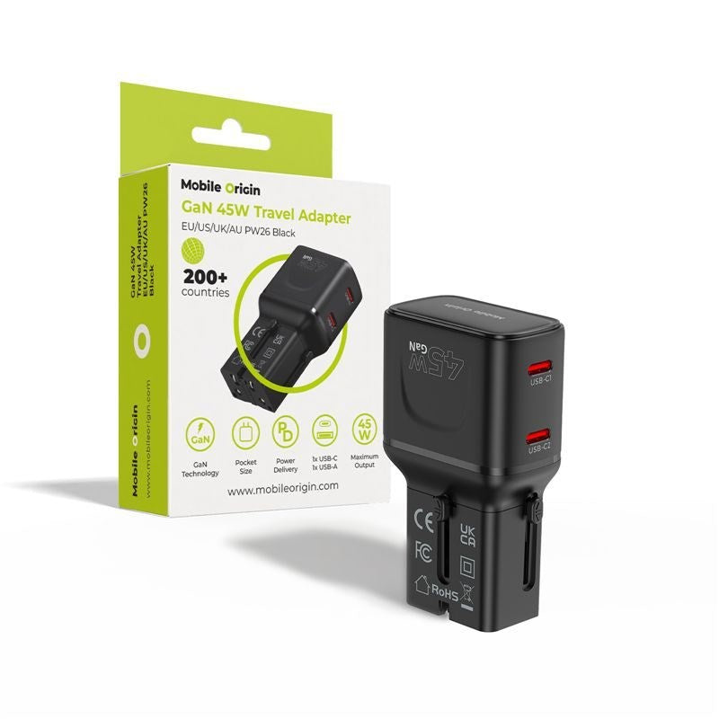 Mobile Origin PW26 Rejseadapter 45W EU / US / UK / AU - Sort