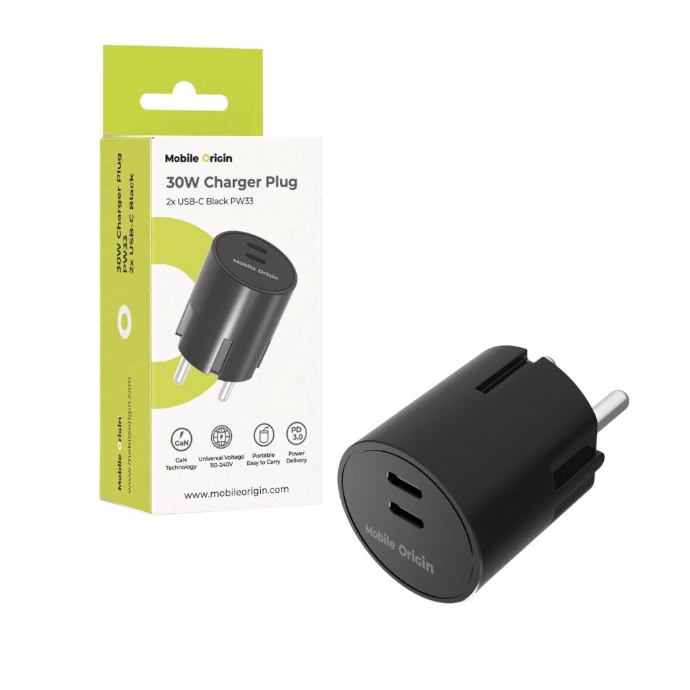 Mobile Origin Hurtig Vægoplader 30W 2 x USB-C - Sort