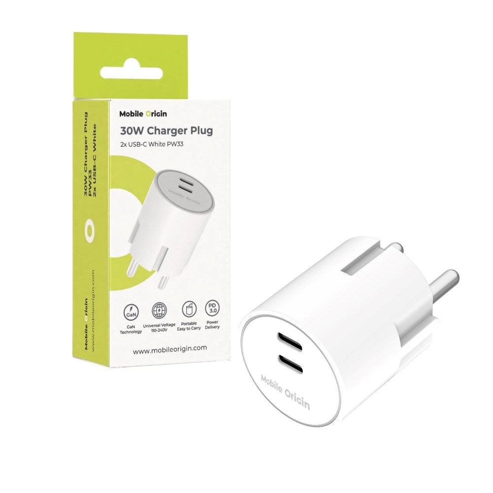 Mobile Origin Hurtig Vægoplader 30W 2 x USB-C - Hvid