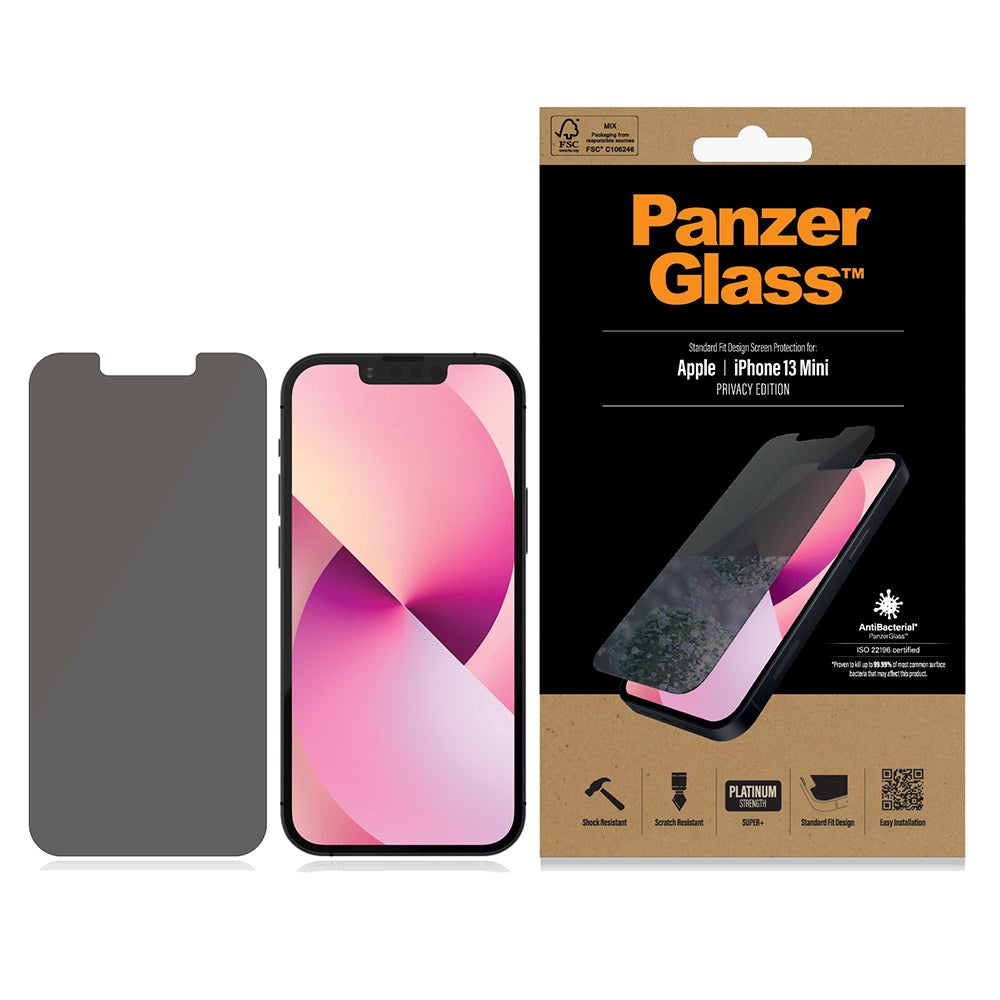 iPhone 13 Mini PanzerGlass AntiBacterial Standard Fit Beskyttelsesglas- Case Friendly - Privacy - Sort Kant