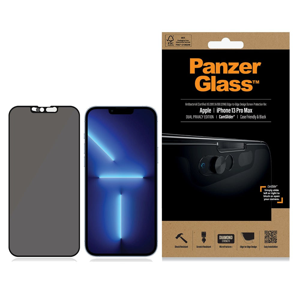 iPhone 13 Pro Max PanzerGlass AntiBacterial Skærmbeskyttelse - Dual-Privacy m. CamSlider - Case Friendly - Sort Kant