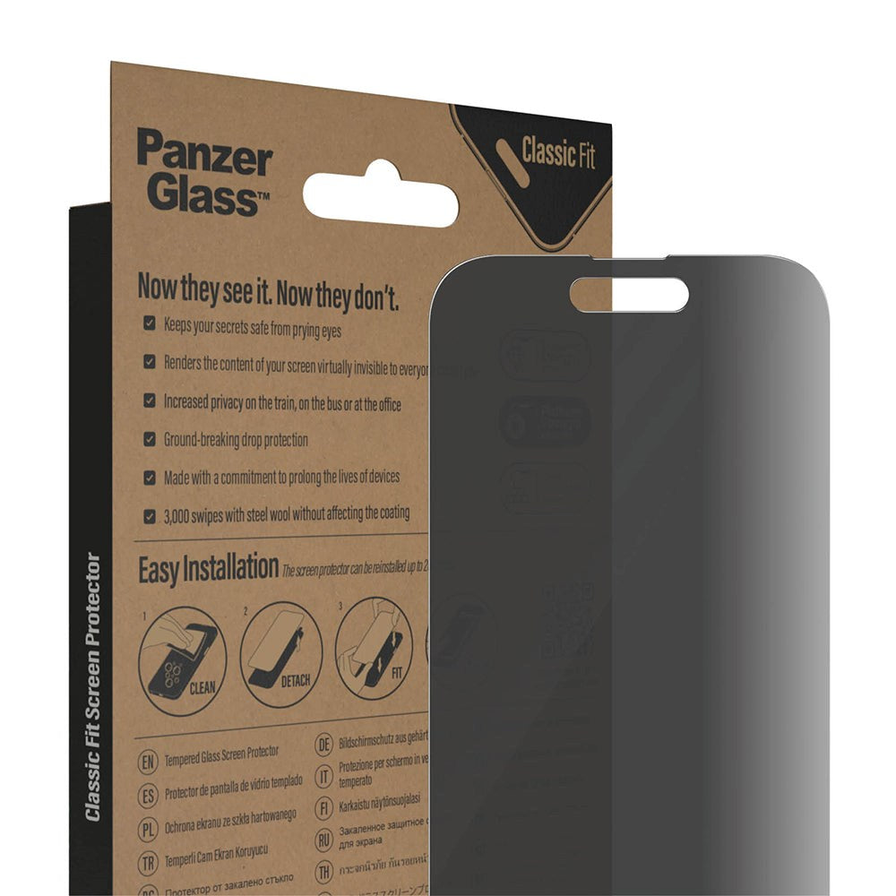 iPhone 14 Pro PanzerGlass AntiBacterial Classic Fit Skærmbeskyttelsesglas - Privacy Filter - Platinum Strength - Gennemsigtig / Sort