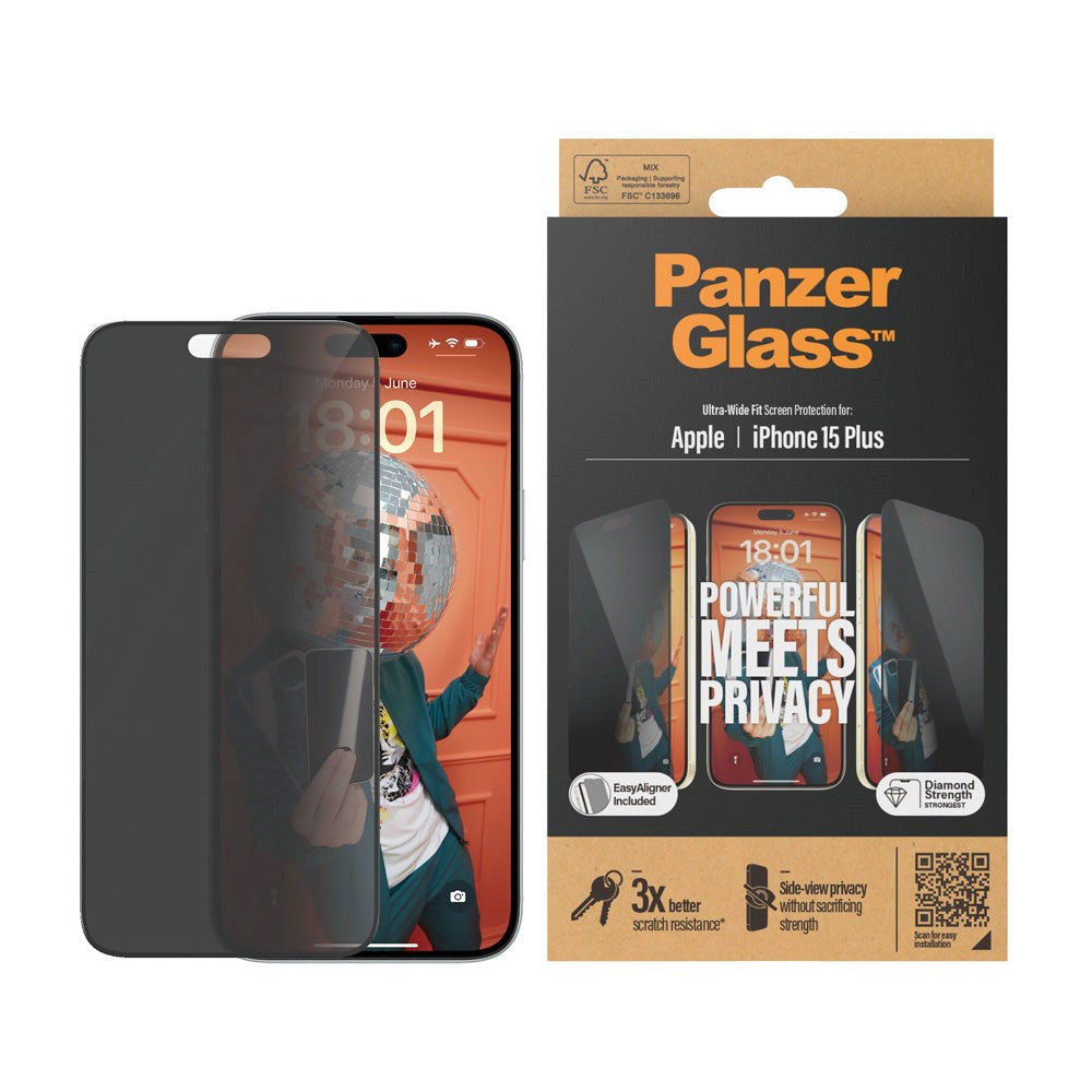 iPhone 15 Plus PanzerGlass Ultra Wide Fit Beskyttelsesglas m. EasyAligner - Privacy - Diamond Strength - Gennemsigtig / Sort Kant