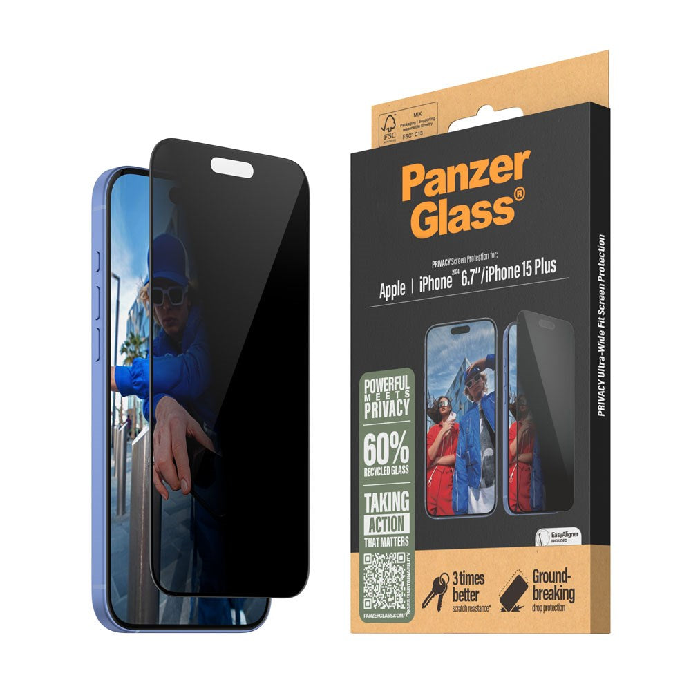 iPhone 16 Plus PanzerGlass Ultra Wide Fit Beskyttelsesglas m. EasyAligner - Privacy - Diamond Strength - Gennemsigtig / Sort Kant