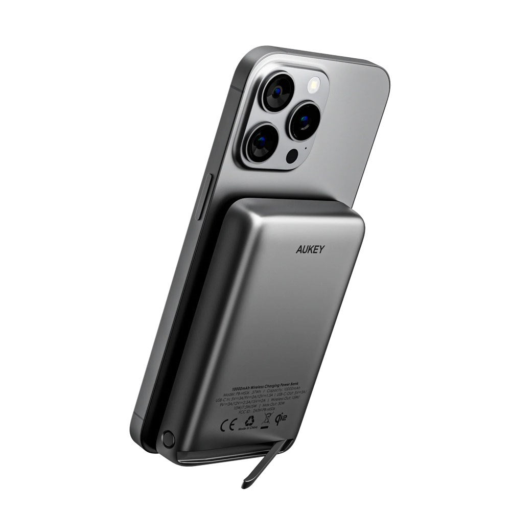 Aukey MagFusion Powerbank - 10.000mAh - Trådløs Opladning - Ståfunktion - MagSafe / Qi2 Kompatibel - Grå