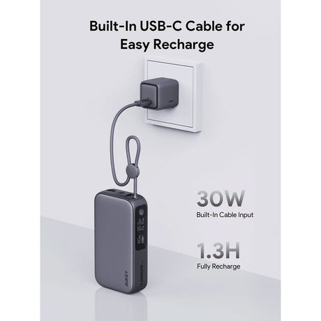 Aukey Spark Sling Powerbank m. USB-C Kabel & Display & 10.000mAh & 30W & 1 x USB-C & 1 x USB-A - Grå
