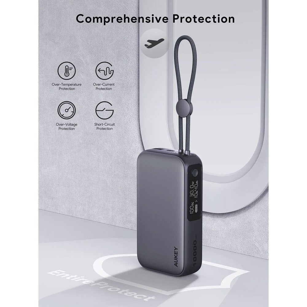 Aukey Spark Sling Powerbank m. USB-C Kabel & Display & 10.000mAh & 30W & 1 x USB-C & 1 x USB-A - Grå