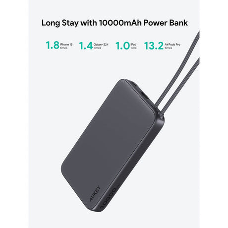 Aukey Spark Sling Powerbank m. USB-C Kabel & 10.000mAh & 20W & 1 x USB-C & 1 x USB-A - Grå