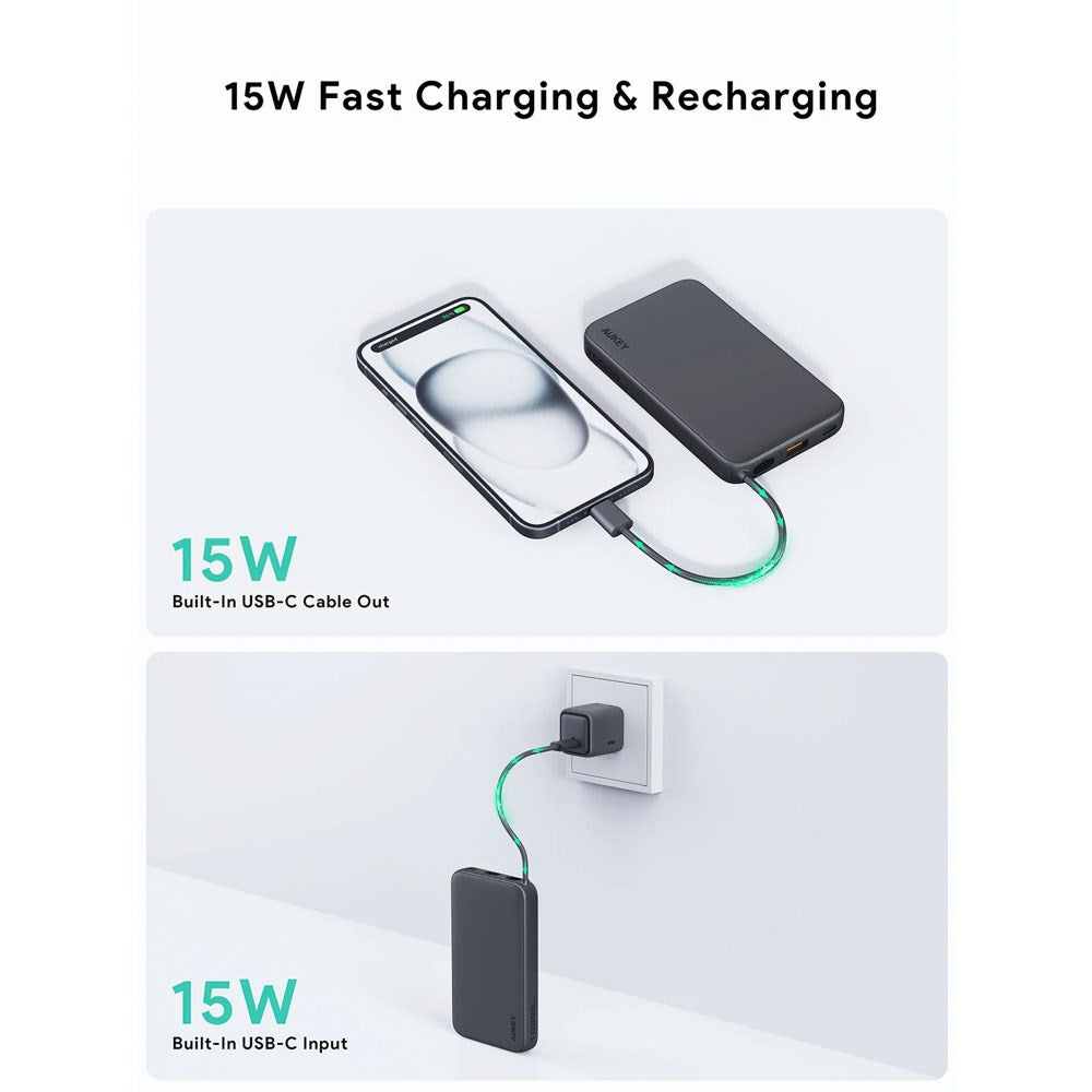 Aukey Spark Sling Powerbank m. USB-C Kabel & 10.000mAh & 20W & 1 x USB-C & 1 x USB-A - Grå