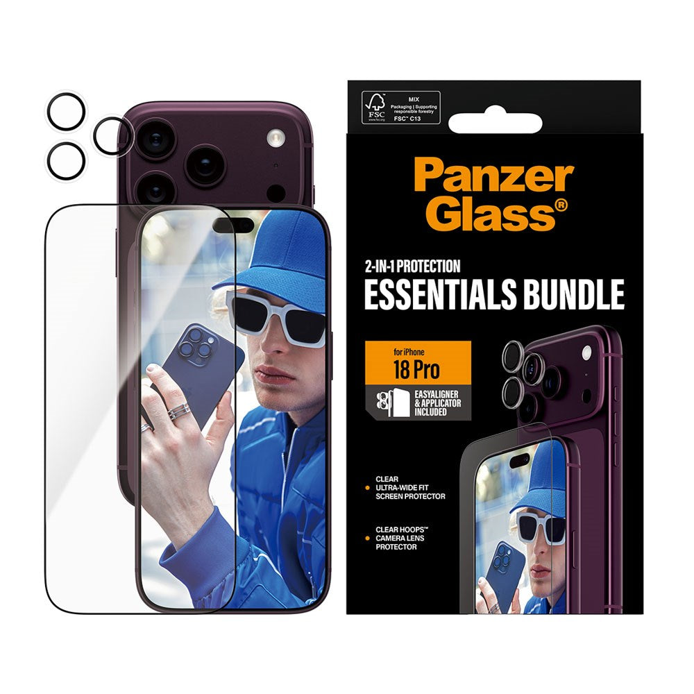 iPhone 18 Pro PanzerGlass Essentials 2-in-1 Bundle m. 1 x EasyAligner 1 x Skærmbeskyttelse (UWF) 1 x Hoops Kameralinsebeskyttelse - Gennemsigtig