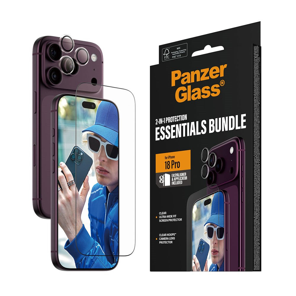 iPhone 18 Pro PanzerGlass Essentials 2-in-1 Bundle m. 1 x EasyAligner 1 x Skærmbeskyttelse (UWF) 1 x Hoops Kameralinsebeskyttelse - Gennemsigtig