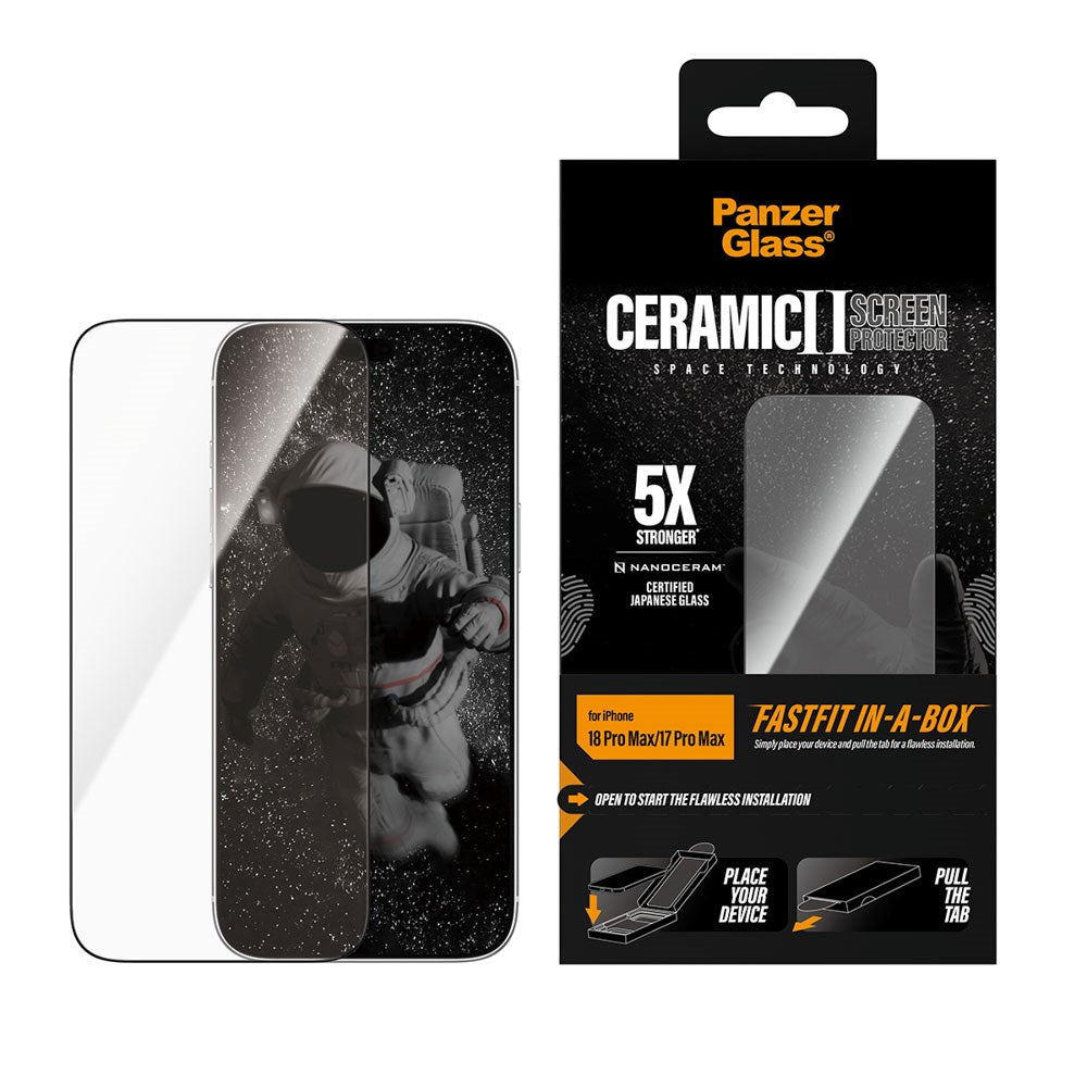 iPhone 18 Pro Max  / 17 Pro Max PanzerGlass Ceramic - Ultra-Wide Fit - Skærmbeskyttelsesglas m. FastFit In-A-Box - Gennemsigtig