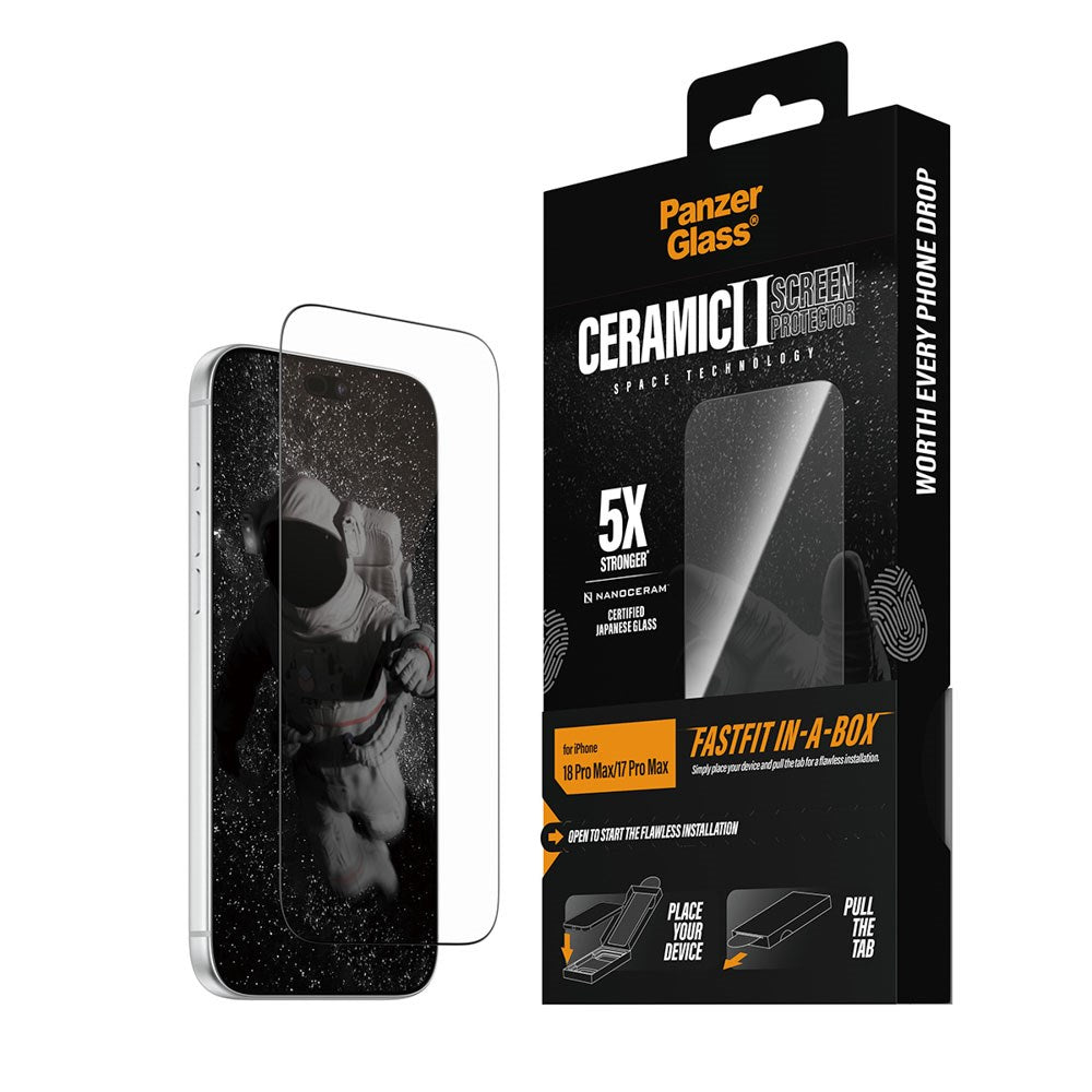 iPhone 18 Pro Max  / 17 Pro Max PanzerGlass Ceramic - Ultra-Wide Fit - Skærmbeskyttelsesglas m. FastFit In-A-Box - Gennemsigtig