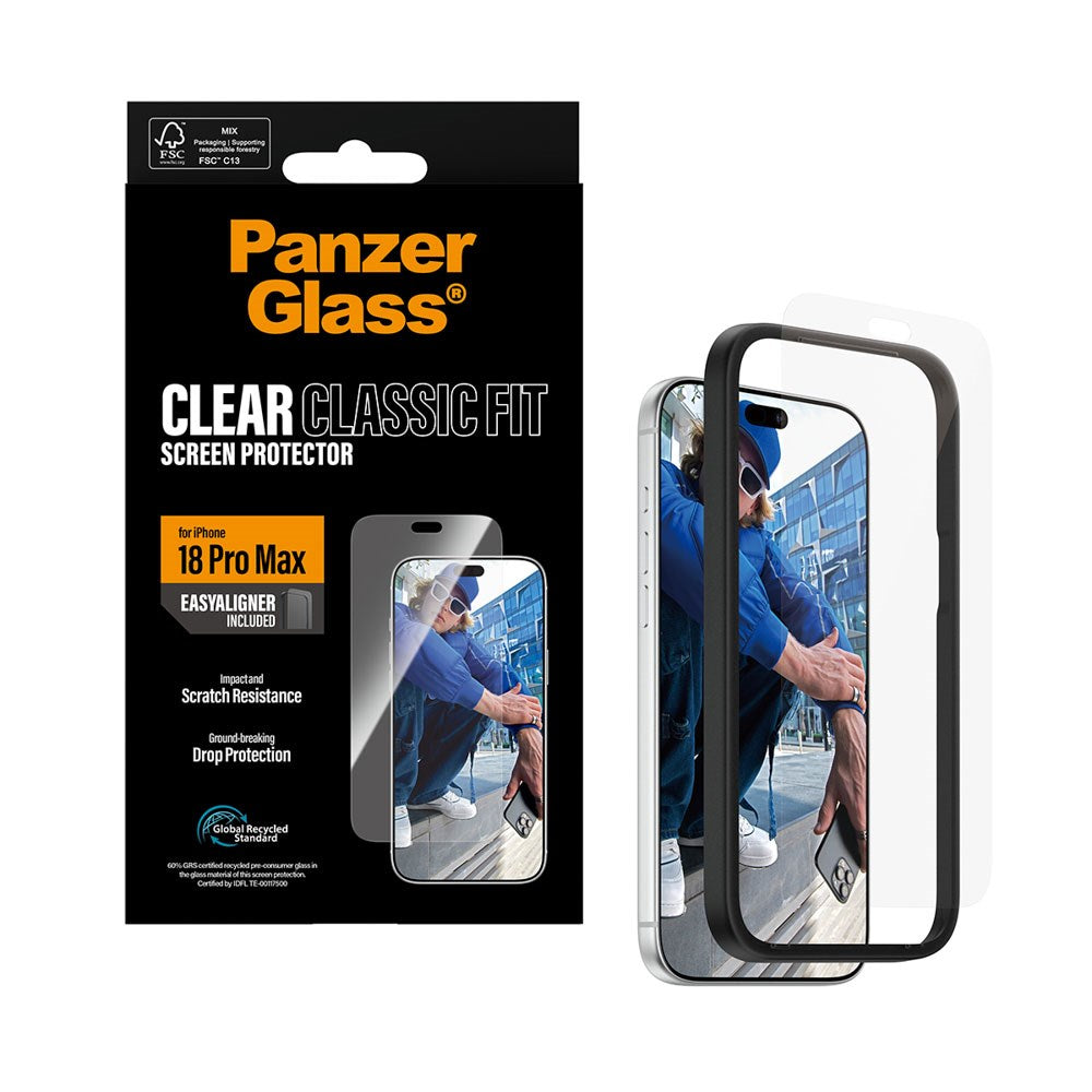 iPhone 18 Pro Max PanzerGlass Hærdet Beskyttelsesglas - Classic Fit m. EasyAligner - Gennemsigtig