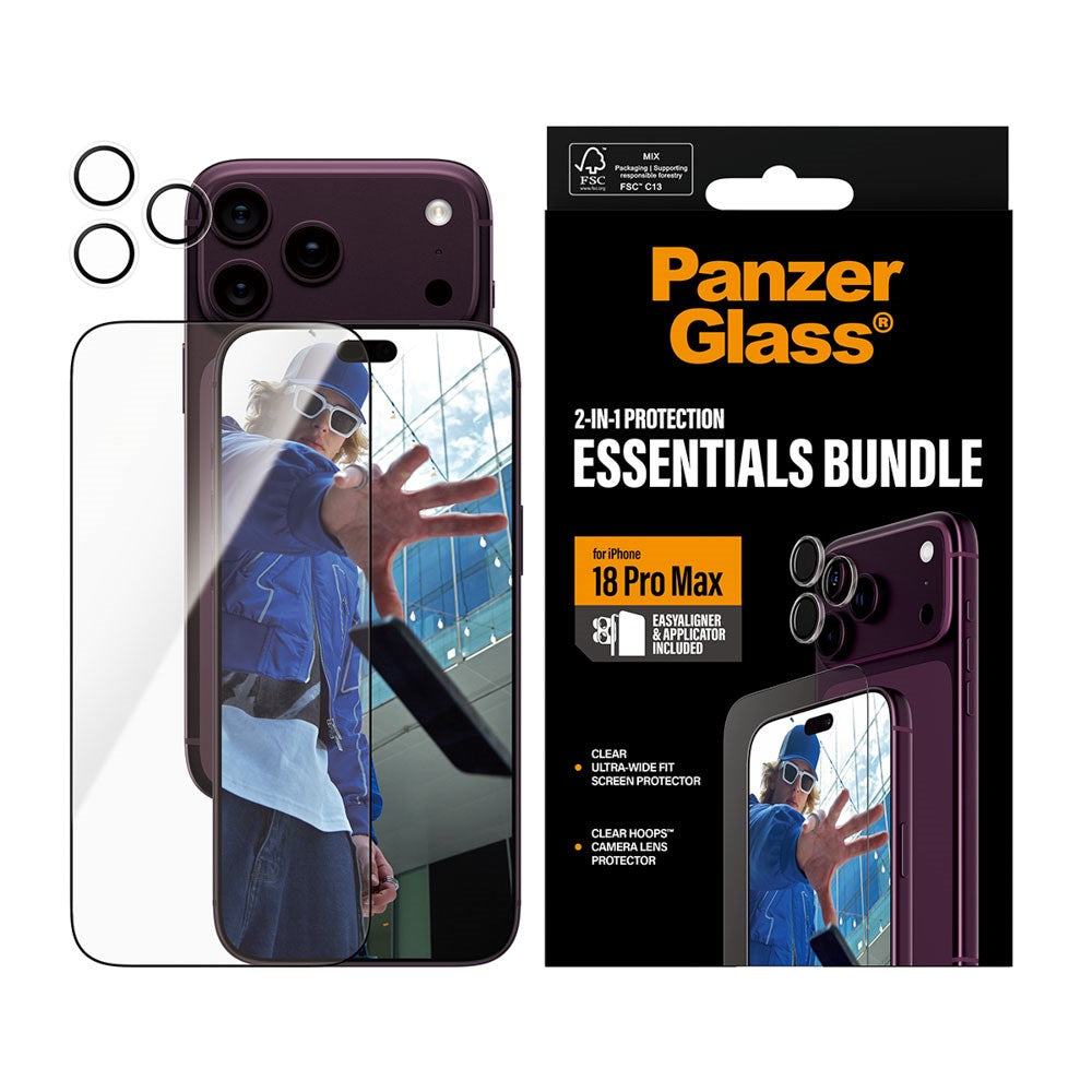 iPhone 18 Pro Max PanzerGlass Essentials 2-in-1 Bundle m. 1 x EasyAligner 1 x Skærmbeskyttelse (UWF) 1 x Hoops Kameralinsebeskyttelse - Gennemsigtig