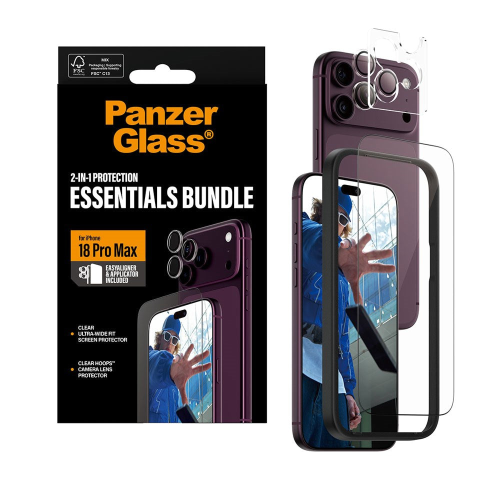 iPhone 18 Pro Max PanzerGlass Essentials 2-in-1 Bundle m. 1 x EasyAligner 1 x Skærmbeskyttelse (UWF) 1 x Hoops Kameralinsebeskyttelse - Gennemsigtig