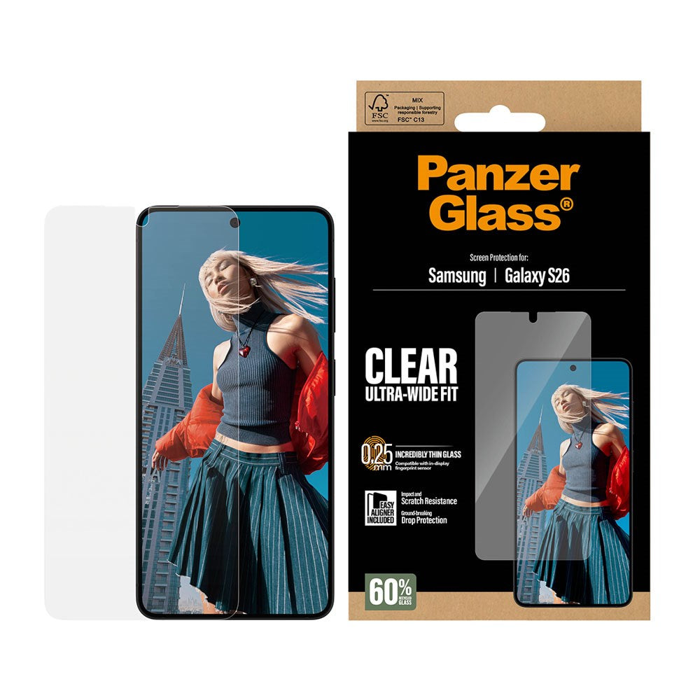 Samsung Galaxy S26 PanzerGlass Hærdet Beskyttelsesglas inkl. EasyAligner - Ultra Wide Fit - Gennemsigtig