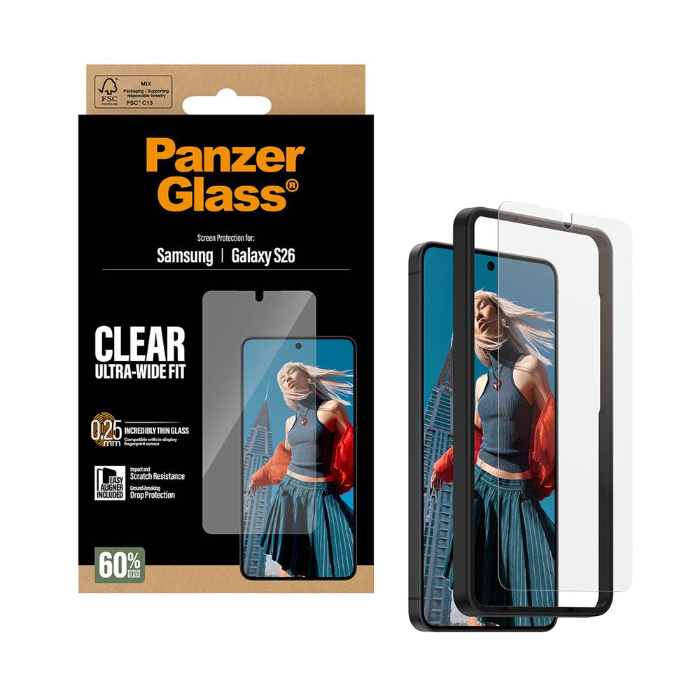 Samsung Galaxy S26 PanzerGlass Hærdet Beskyttelsesglas inkl. EasyAligner - Ultra Wide Fit - Gennemsigtig