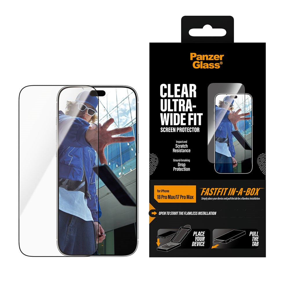 iPhone 18 Pro Max  / 17 Pro Max PanzerGlass Hærdet Beskyttelsesglas inkl. FastFit In-A-Box - Ultra Wide Fit - Gennemsigtig