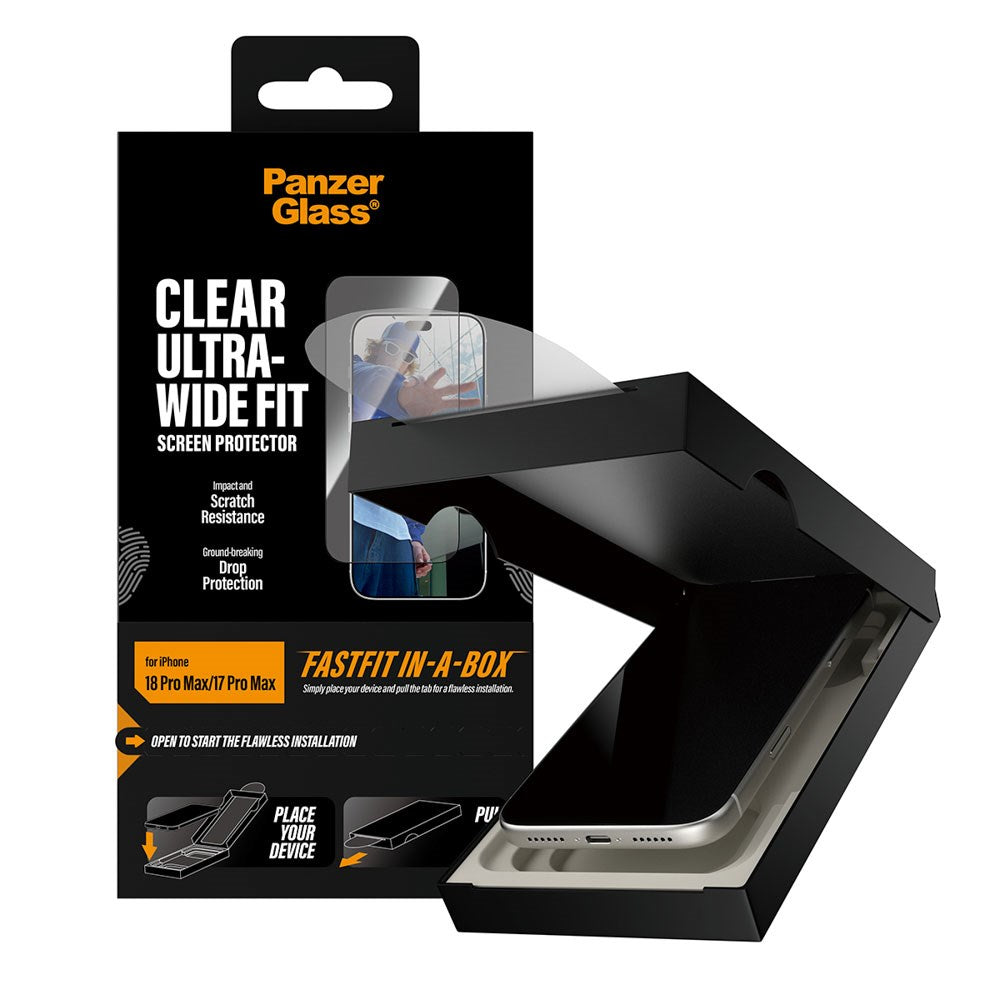 iPhone 18 Pro Max  / 17 Pro Max PanzerGlass Hærdet Beskyttelsesglas inkl. FastFit In-A-Box - Ultra Wide Fit - Gennemsigtig