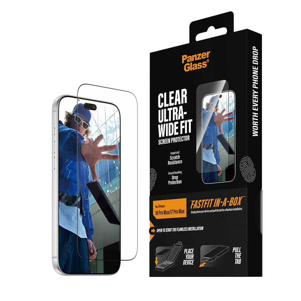 iPhone 18 Pro Max  / 17 Pro Max PanzerGlass Hærdet Beskyttelsesglas inkl. FastFit In-A-Box - Ultra Wide Fit - Gennemsigtig