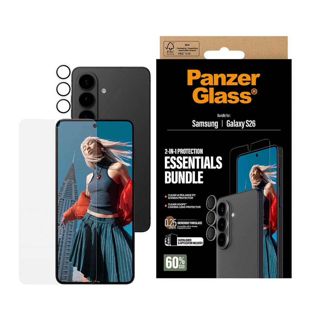 Samsung Galaxy S26 PanzerGlass Hoops 2-in-1 Bundle m. 1 x EasyAligner 1 x Skærmbeskyttelse (UWF) 1 x Hoops Kameralinsebeskyttelse - Gennemsigtig