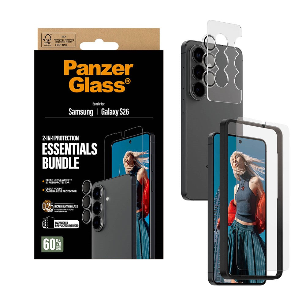 Samsung Galaxy S26 PanzerGlass Hoops 2-in-1 Bundle m. 1 x EasyAligner 1 x Skærmbeskyttelse (UWF) 1 x Hoops Kameralinsebeskyttelse - Gennemsigtig