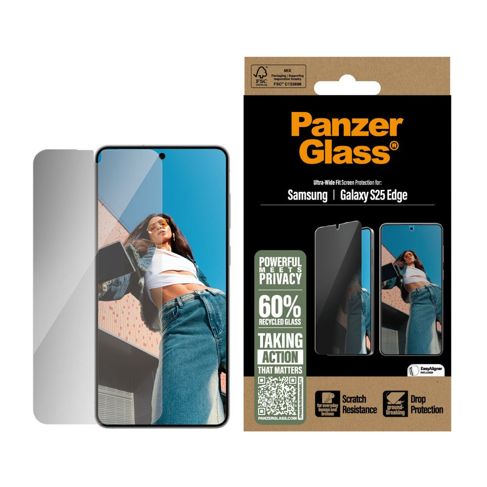 Samsung Galaxy S25 Edge PanzerGlass Ultra Wide Fit Beskyttelsesglas m. EasyAligner - Privacy - Gennemsigtig