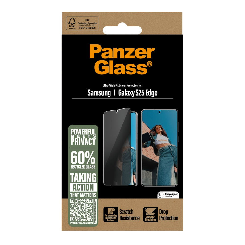 Samsung Galaxy S25 Edge PanzerGlass Ultra Wide Fit Beskyttelsesglas m. EasyAligner - Privacy - Gennemsigtig