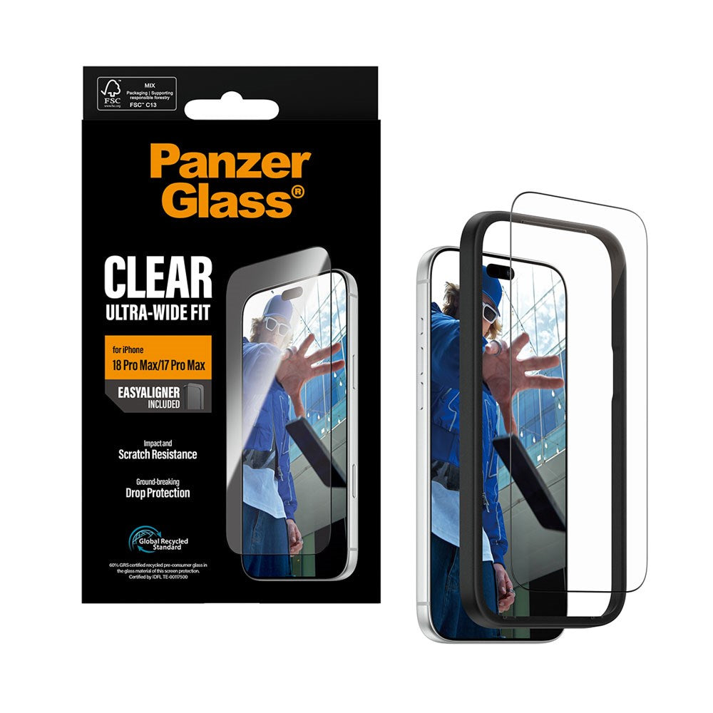 iPhone 18 Pro Max  / 17 Pro Max PanzerGlass Hærdet Beskyttelsesglas - Ultra Wide Fit m. EasyAligner - Gennemsigtig