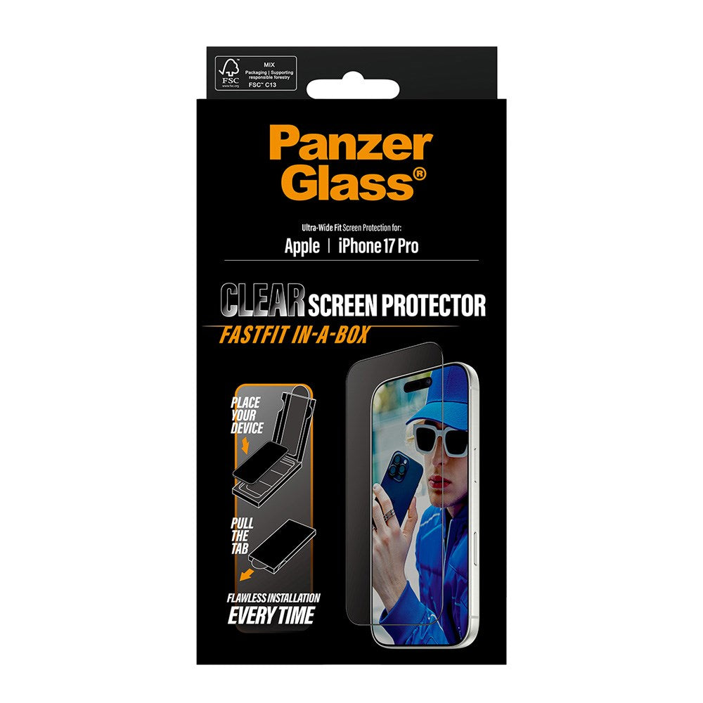 PanzerGlass iPhone 17 Pro Hærdet Beskyttelsesglas inkl. FastFit In-A-Box - Ultra Wide Fit - Gennemsigtig