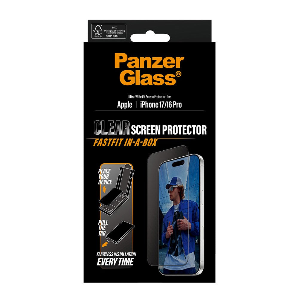 PanzerGlass iPhone 17 / 16 Pro Hærdet Beskyttelsesglas inkl. FastFit In-A-Box - Ultra Wide Fit - Gennemsigtig