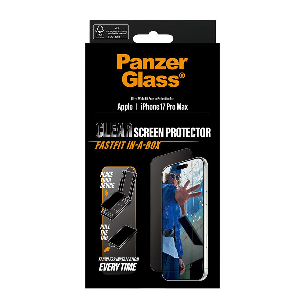 PanzerGlass iPhone 17 Pro Max Hærdet Beskyttelsesglas inkl. FastFit In-A-Box - Ultra Wide Fit - Gennemsigtig
