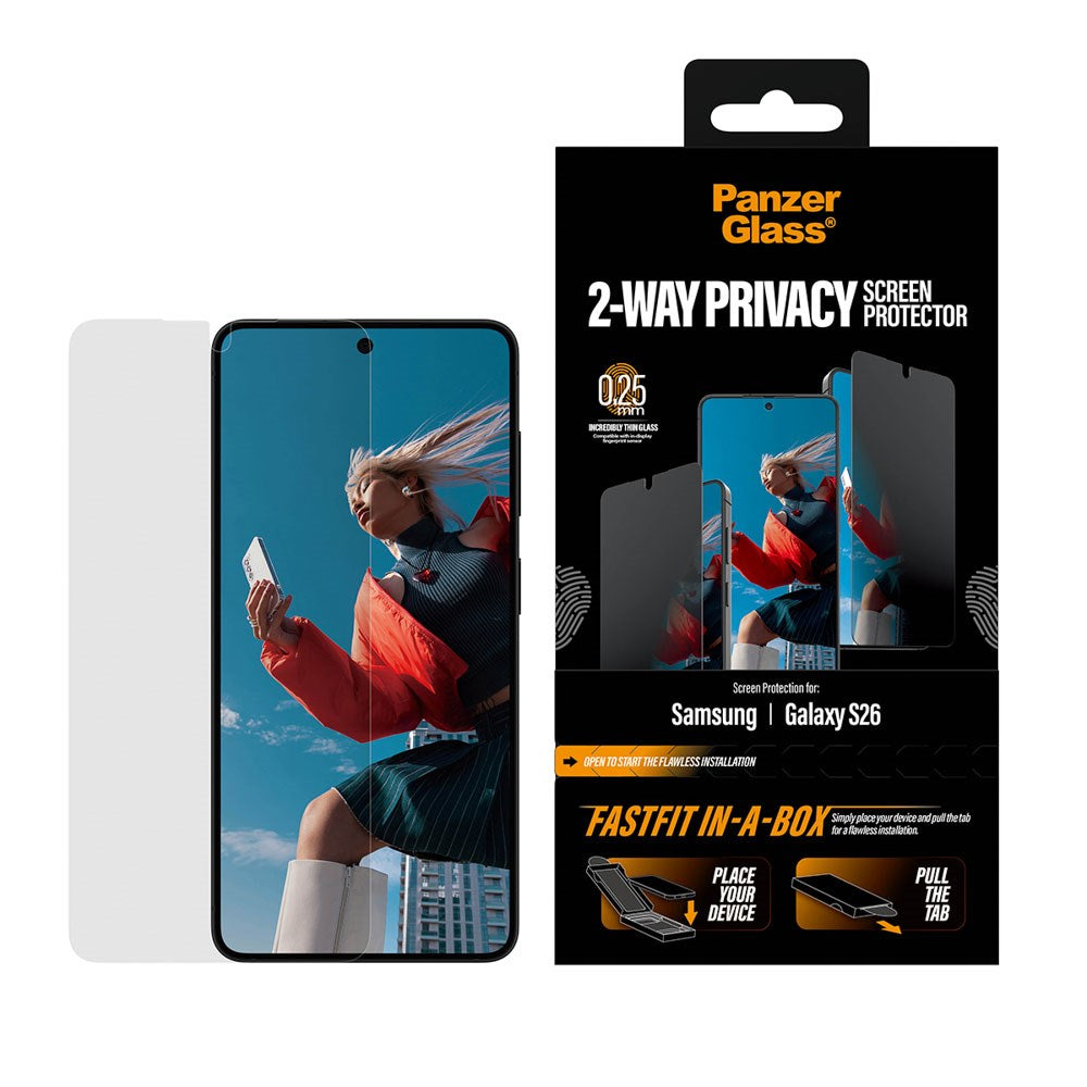 Samsung Galaxy S26 PanzerGlass 2-Way Privacy Skærmbeskyttelsesglas - inkl. FastFit In-A-Box - Gennemsigtig