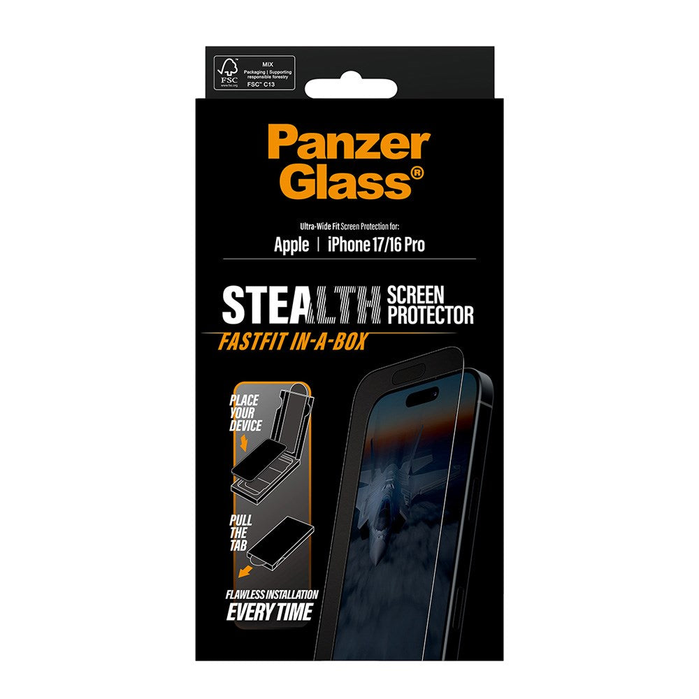 iPhone 17 / 16 Pro PanzerGlass Stealth Skærmbeskyttelsesglas - Ultra-Wide Fit - Gennemsigtig / Sort Kant