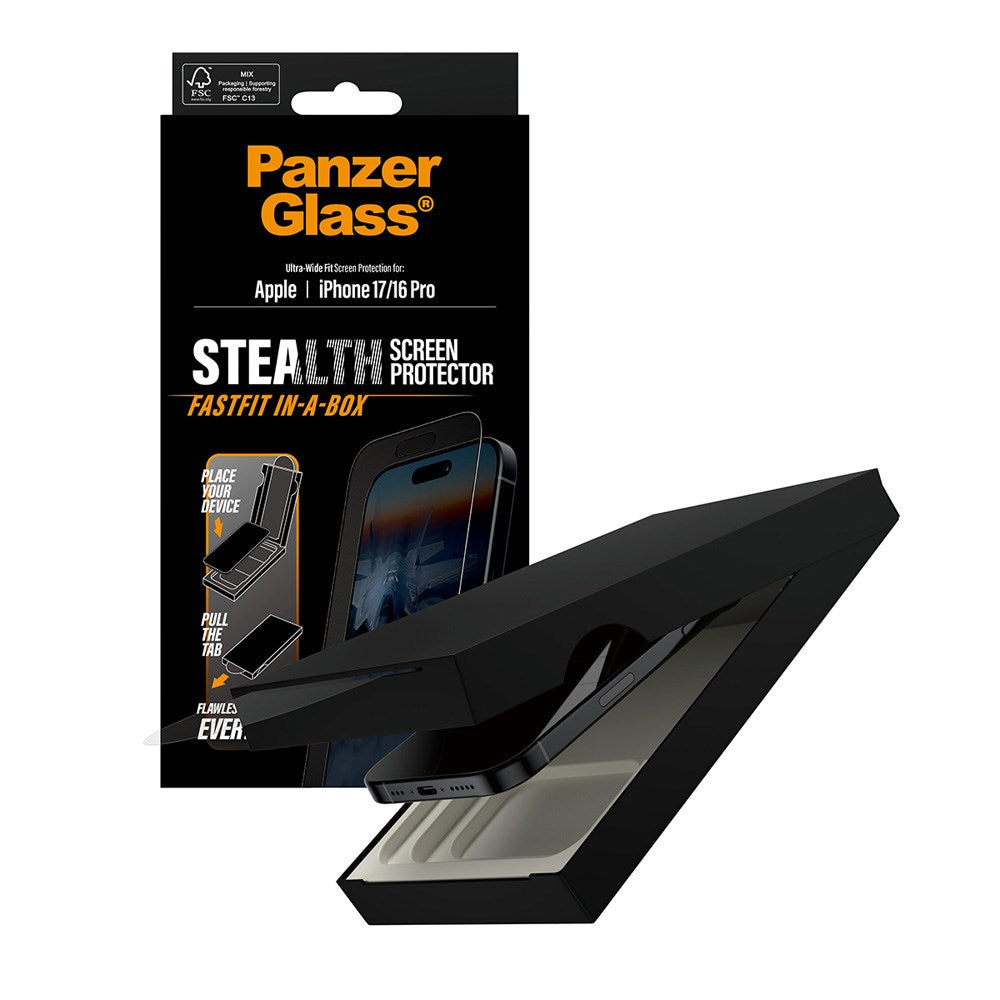 iPhone 17 / 16 Pro PanzerGlass Stealth Skærmbeskyttelsesglas - Ultra-Wide Fit - Gennemsigtig / Sort Kant
