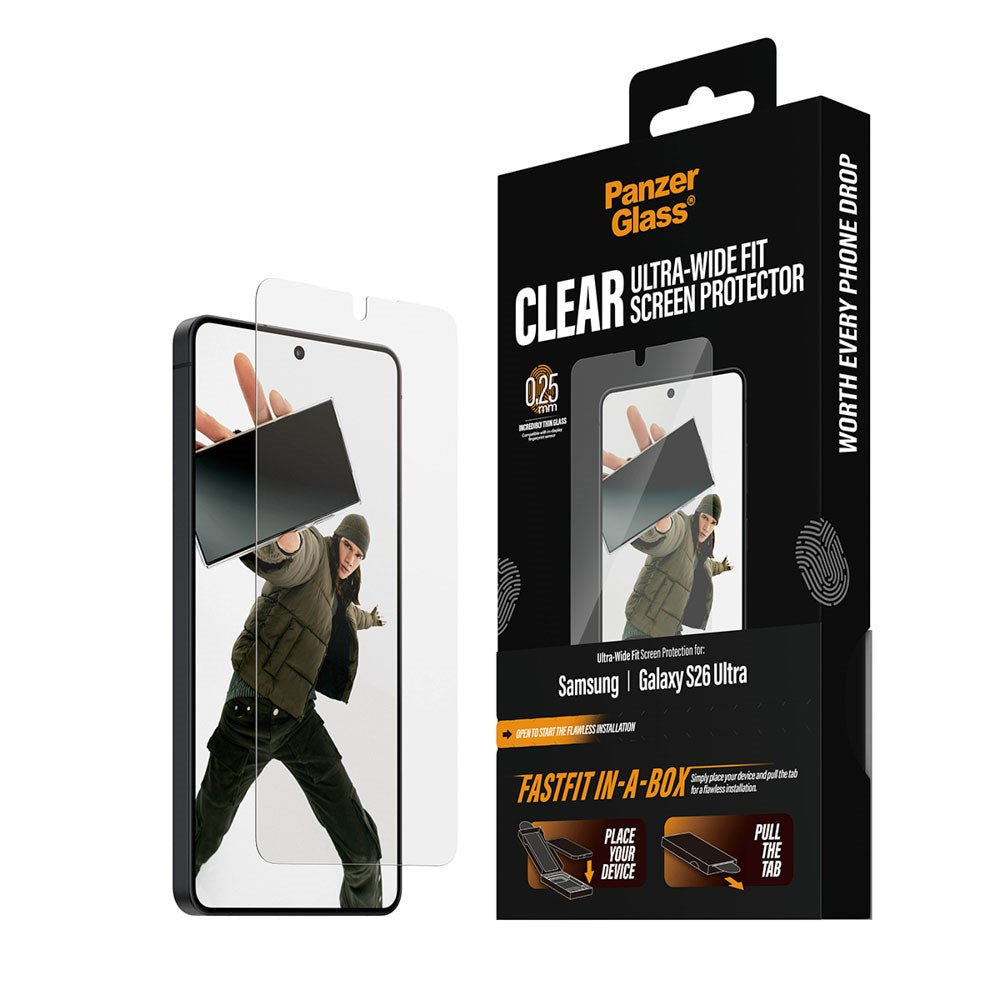 Samsung Galaxy S26 Ultra PanzerGlass Hærdet Beskyttelsesglas inkl. FastFit In-A-Box - Ultra Wide Fit - Gennemsigtig