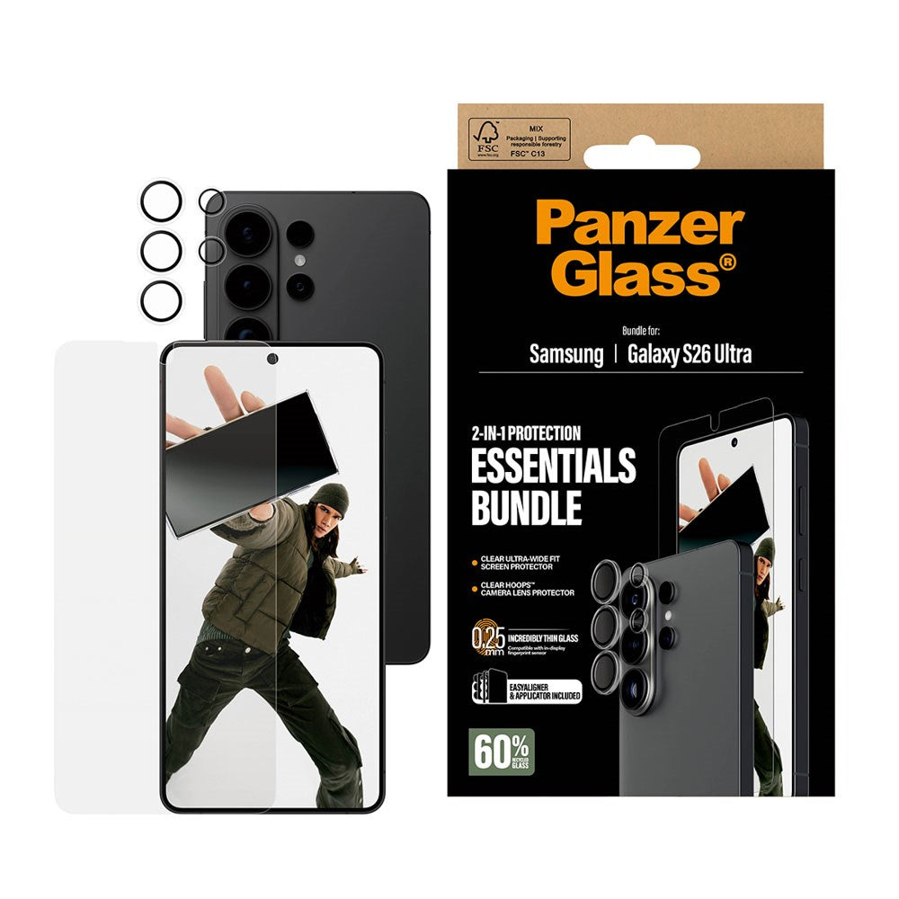 Samsung Galaxy S26 Ultra PanzerGlass Hoops 2-in-1 Bundle m. 1 x EasyAligner 1 x Skærmbeskyttelse (UWF) 1 x Hoops Kameralinsebeskyttelse - Gennemsigtig