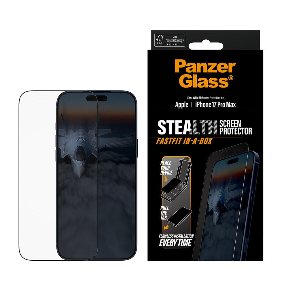 iPhone 17 Pro Max PanzerGlass Stealth Skærmbeskyttelsesglas - Ultra-Wide Fit - Gennemsigtig / Sort Kant
